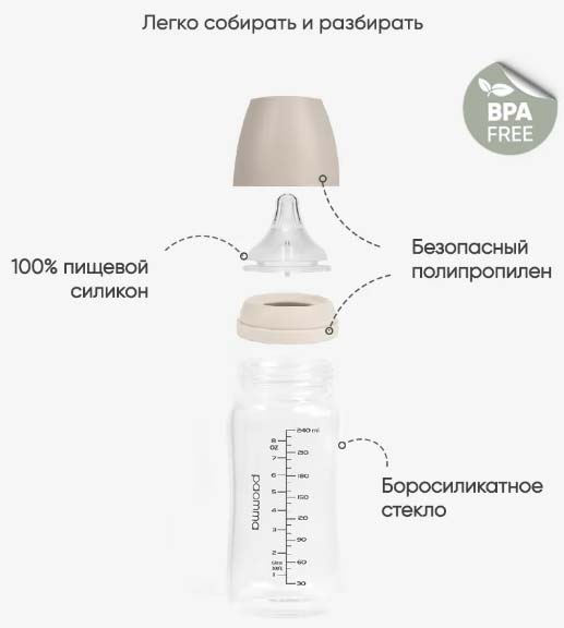Paomma Стеклянная бутылочка, 240 мл / цвет Almond milk (бежевый)