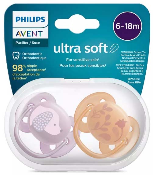 Avent Пустышка Ultra soft силиконовая, 6-18 месяцев, 2 штуки / цвет сиреневый, оранжевый