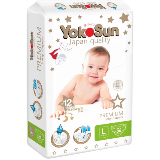 YokoSun Подгузники Premium L (9-13 кг) 54 шт