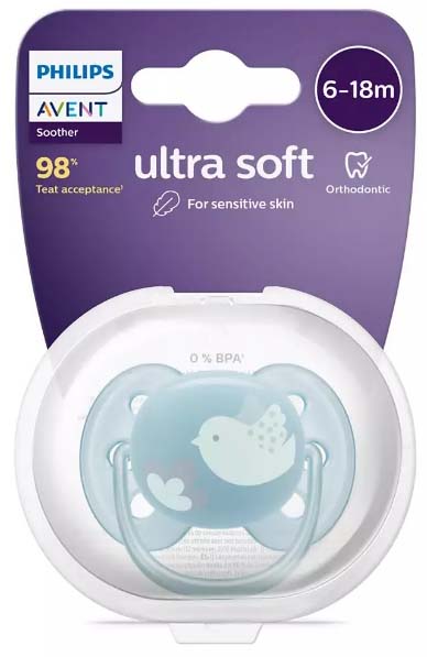 Avent Пустышка Ultra soft силиконовая, 6-18 месяцев / цвет птичка-синий