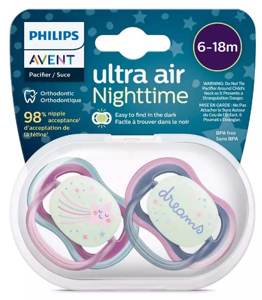 Avent Пустышка силиконовая светящаяся Ultra air night, 6-18 месяцев / цвет фиолетовый, синий