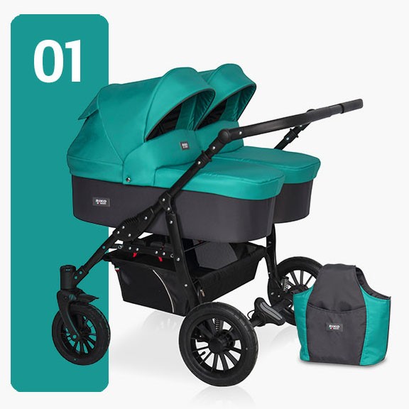 Riko Basic Коляска для близнецов 2 в 1 Saxo / цвет бирюзовый-чёрный 01