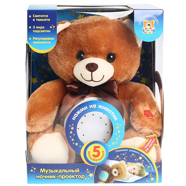 Мульти-Пульти Игрушка мягкая Мишка с проектором звездного неба 5 колыбельных