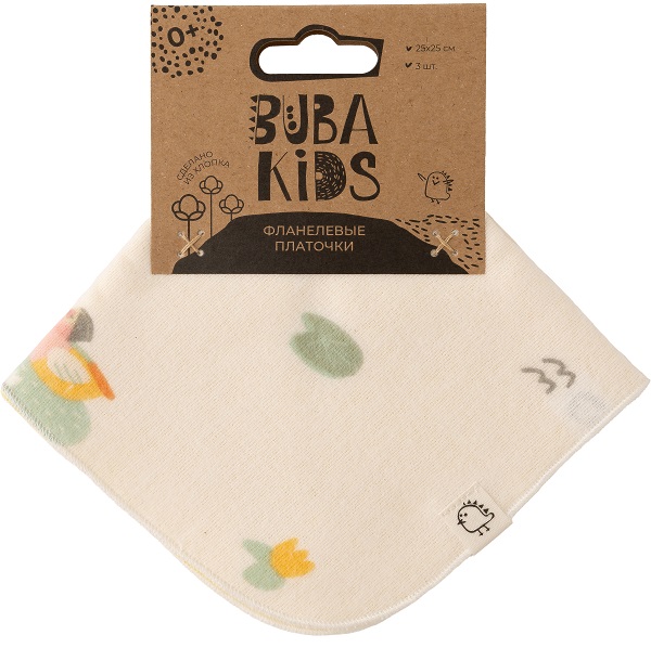Платочки фланелевые BUBA KIDS, 3 шт., Утка-мандаринка/ жёлтая пастель/ сливочный, 25х25