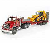 Тягач с прицепом–платформой Mack с колёсным экскаватором–погрузчиком JCB 4CX