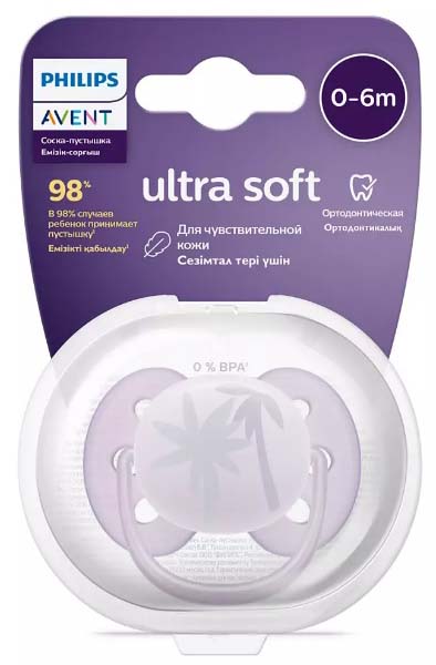 Avent Пустышка Ultra soft силиконовая, 0-6 месяцев / цвет пальма-сиреневый