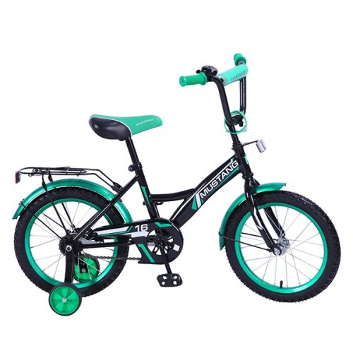 Велосипед детский 16" Mustang GW-ТИП / страховочные колеса / звонок / черный + зеленый
