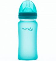 Everyday Baby Стеклянная бутылочка для мальчика  с индикатором температуры и защитным силиконовым покрытием, 240 мл, бирюзовый					