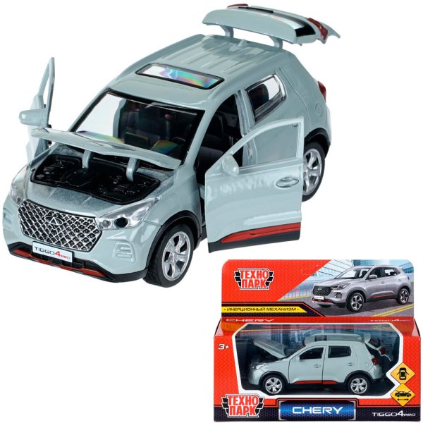 Машина металл chery tiggo 4 pro 12 см, двери, кап, баг,инер,серебристый,кор. Технопарк415039