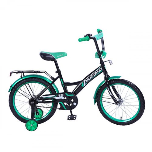 Велосипед детский 18" Mustang GW-ТИП / страховочные колеса / звонок /  черный + зеленый