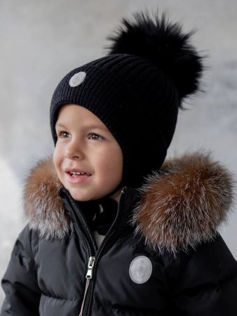 (м)1031Шапка зим.с утепл.с мех.помпон.на завязках (р. 42, цв. черный)
