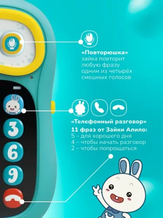Интерактивная игрушка телефон Ушастик-Лапочка alilo P3. Цвет: бирюзовый.