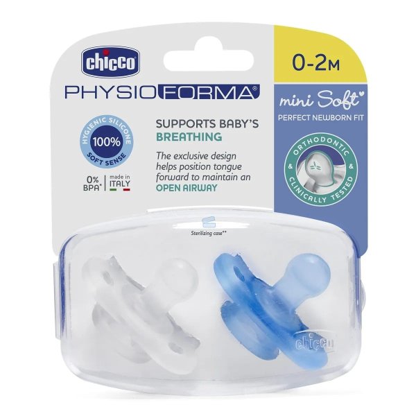 Chicco Пустышка Physio Soft Mini, 0-2 месяца, силикон, 2 штуки / цвет голубой