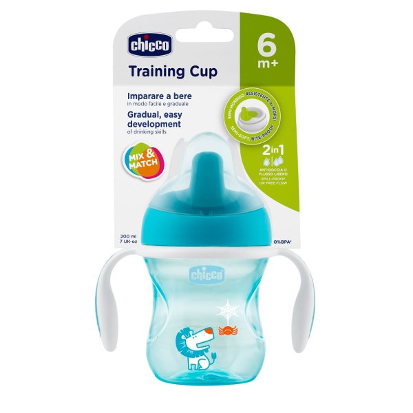 Chicco Чашка-поильник Transition Cup (полужесткий носик), 200 мл / цвет синий, зеленый
