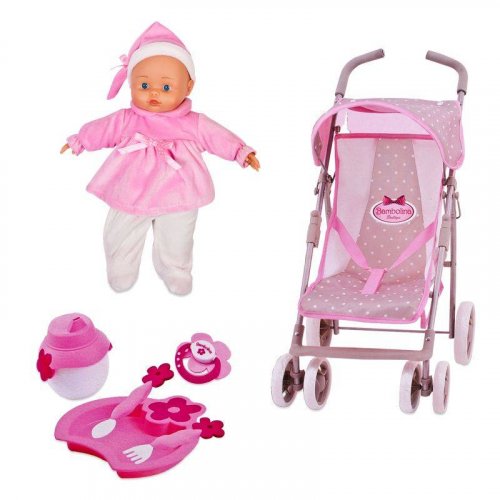 Коляска прогулочная для куклы с поворотными колесами в комплекте с куклой (частично мягконабивная)