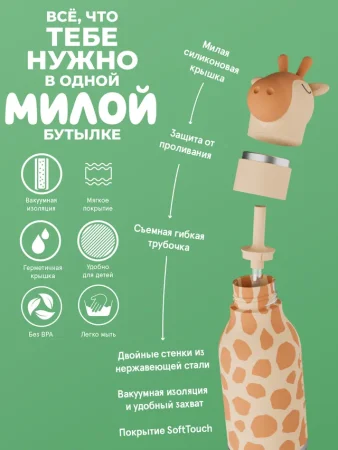 Асобу Бутылка Bestie 460 мл, жираф для холодных и горячих напитков Asobu