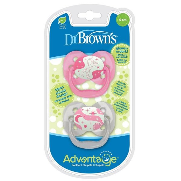 Dr Brown's  Пустышки силиконовые ночные, 0-6 мес., 2 шт., розовые