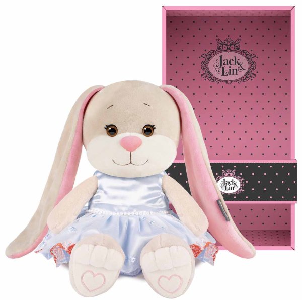 Maxitoys Мягкая игрушка Jack&Lin, Зайка Лин в голубом Платье с бабочками и бусинками, 25 см