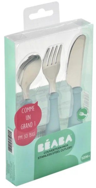 Beaba Набор для кормления (ложка, вилка, имитатор ножа) Set 3 couverts Inox / цвет airy green (мятный)