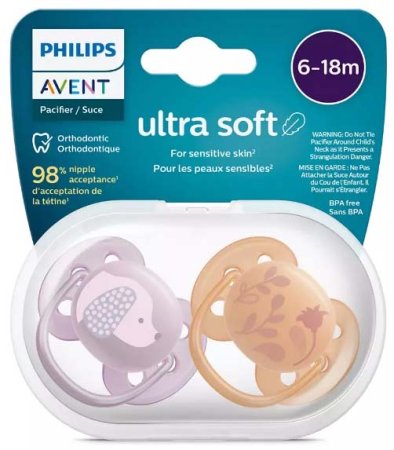 Avent Пустышка Ultra soft силиконовая, 6-18 месяцев, 2 штуки / цвет сиреневый, оранжевый
