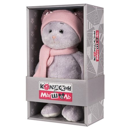 Maxitoys Мягкая игрушка Колбаскин&Мышель, Мышель в Шарфе и Шапке, 20 см / цвет серый, розовый