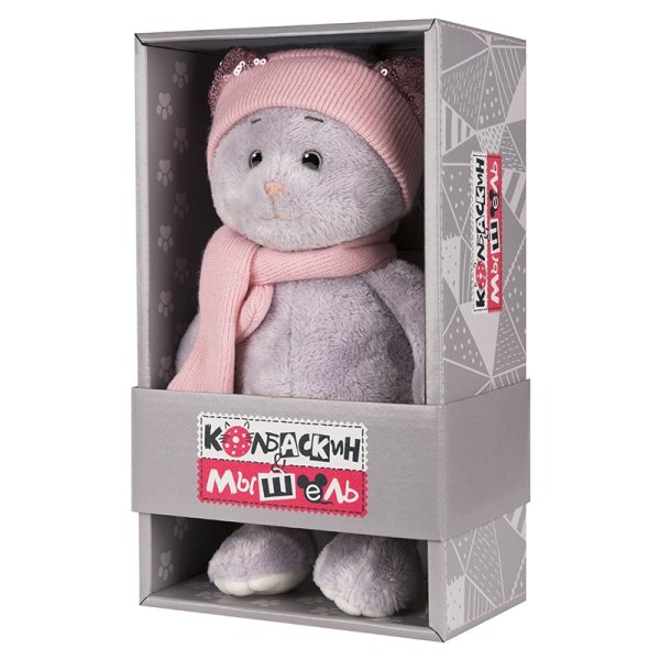 Maxitoys Мягкая игрушка Колбаскин&Мышель, Мышель в Шарфе и Шапке, 20 см / цвет серый, розовый