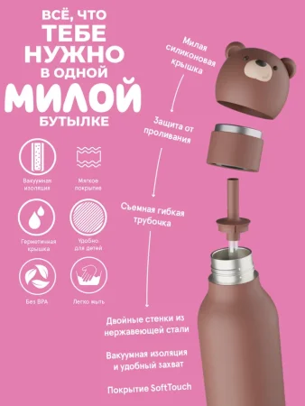 Асобу Бутылка для холодных и горячих напитков Bestie 460 мл, медведь Asobu