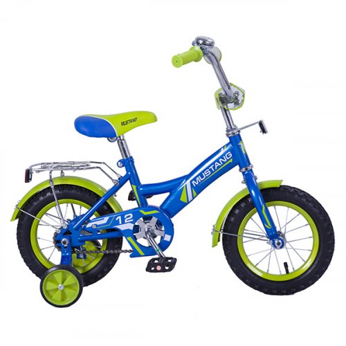 Велосипед детский 12" Mustang GW-ТИП / страховочные колеса / звонок / синий + салатовый