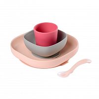 Beaba Набор силиконовой посуды из 4 предметов (2 тарелки, стакан, ложка) / цвет розовый					