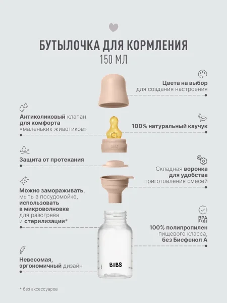 Бутылочка для кормления в комплекте с латексной соской, медленный поток BIBS - Blush, 150 мл