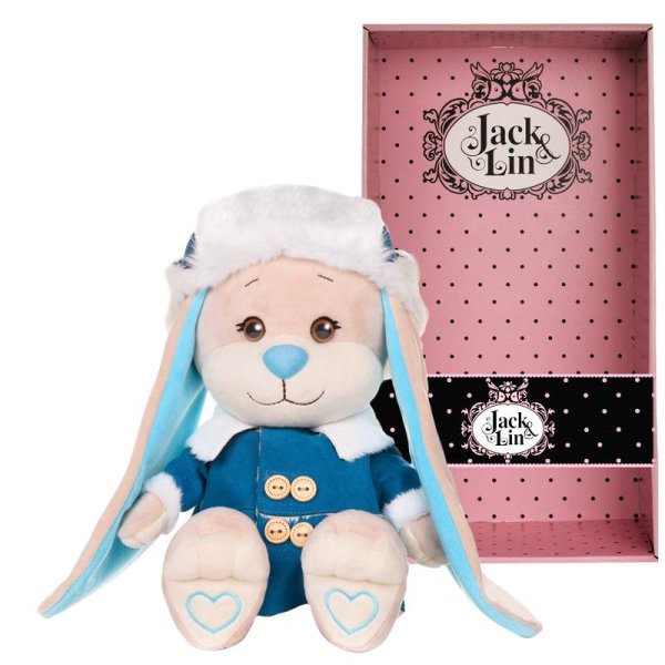 Jack&Lin Зайчик в Синей Дубленке и Шапке-Ушанке, 25 см, в Коробке