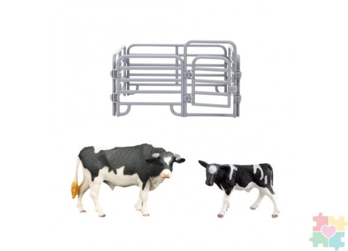 Паремо Игрушки фигурки в наборе серии "На ферме", 3 предмета (корова белая с черным, теленок, ограждение-за)