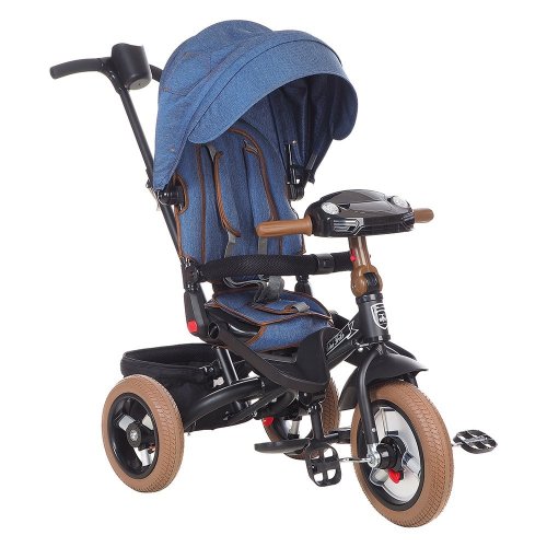 MINI TRIKE Велосипед трехколесный с родительской ручкой, надувные колеса 12"/10", светомузыкальная панель / цвет Джинс темно-синий