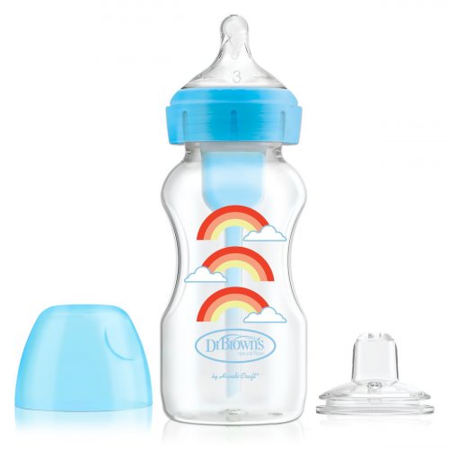 Dr. browns набор переходный антиколиковая бутылочка с широким горлышком 270 мл + соска 3-го уровня + носик для питья / цвет синий