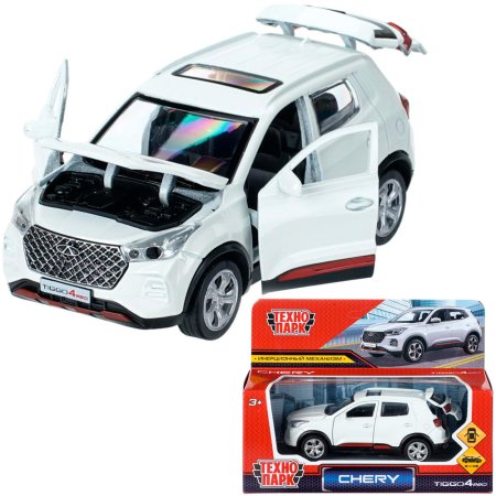 Машина металл chery tiggo 4 pro 12 см, двери, кап, баг, инер, белый, кор. Технопарк 415041