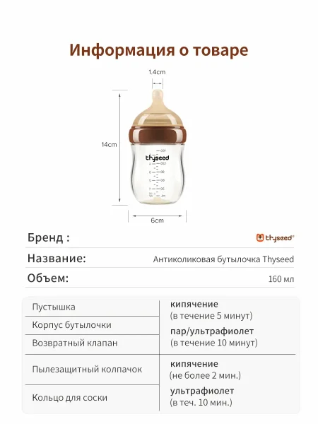Thyseed Бутылочка для новорожденных 160мл. 2-3 мес. ,стекло
