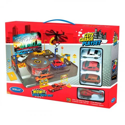 Welly Игрушка игровой  набор Гараж,  включает 3 машины и вертолет