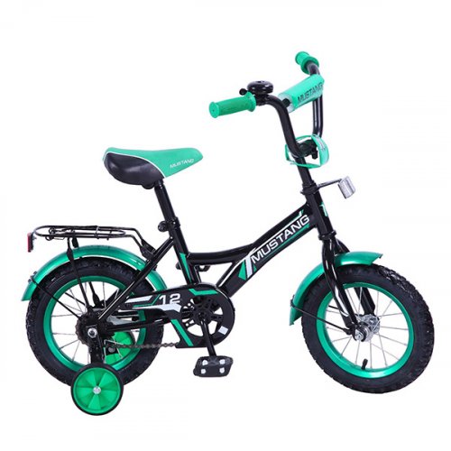 Велосипед детский 12" Mustang GW-Тип / страх. колеса / звонок / черный + зеленый
