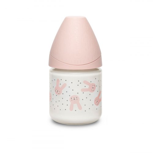 Suavinex Бутылочка Hugge Baby, 120мл с круглой силиконовой соской, стекло, цвет / розовый