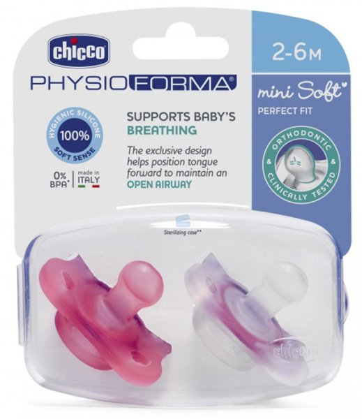 Chicco Пустышка Physio Soft Mini, силикон, 2-6 месяцев, 2 штуки / цвет розовый