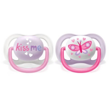 Avent Пустышка силиконовая ортодонтическая Ultra Air 0-6 мес, 2 шт с футляром / розовый