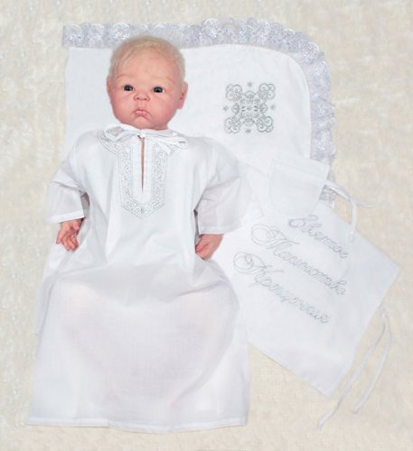 Осьминожка Комплект для мальчика крестильный: рубашка, уголок, мешочек для волос, мешок р-р 68 см / серебро