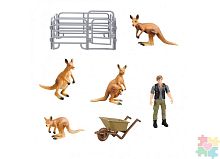 Паремо Игрушки фигурки в наборе серии "На ферме", 7 предметов (фермер, тележка, семья кенгуру, ограждение-з					