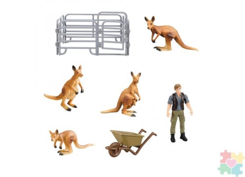 Паремо Игрушки фигурки в наборе серии "На ферме", 7 предметов (фермер, тележка, семья кенгуру, ограждение-з