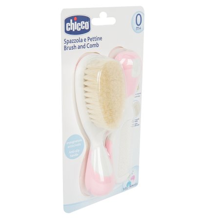 Chicco Расческа и щетка натуральная 0-12 месяцев / цвет розовый