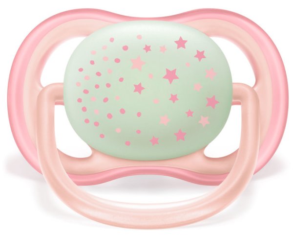 Philips avent соска-пустышка силиконовая ultra air, ночная 0–6 месяцев, 2 штуки / цвет розовый и сиреневый