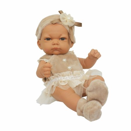 1TOY Premium пупс в нарядном бежевом платьице, пинетках и шапочке