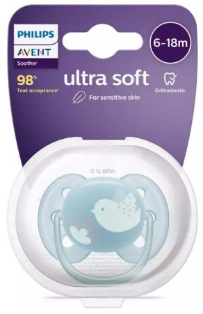 Avent Пустышка Ultra soft силиконовая, 6-18 месяцев / цвет птичка-синий