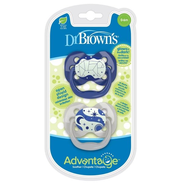 Dr Brown's Пустышки силиконовые ночные, 0-6 мес., 2 шт., синие