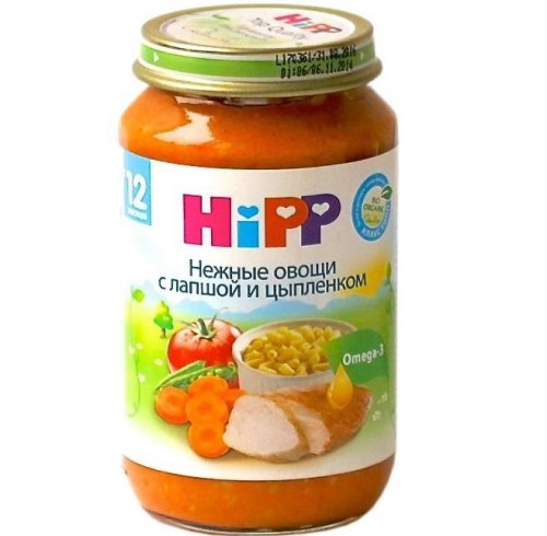 Пюре Hipp овощи с лапшой и цыпленком с 12 месяцев / 220 гр.